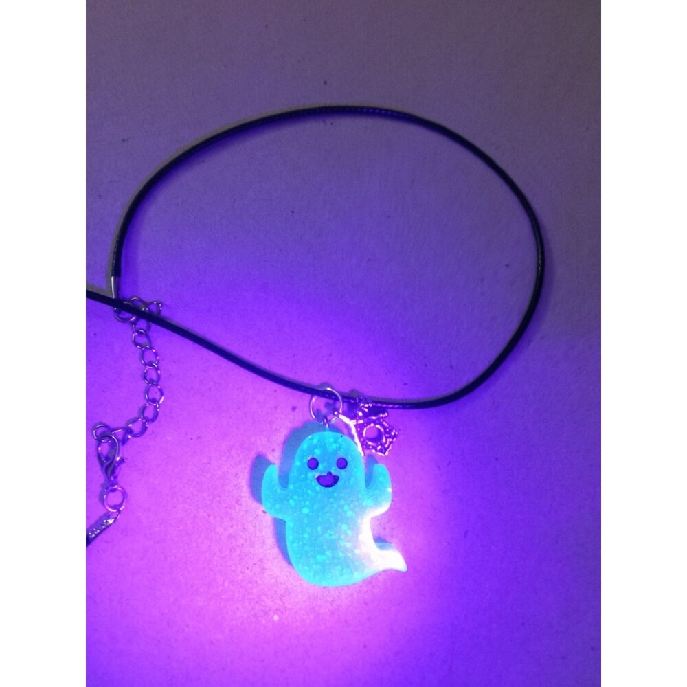 #2 Florescent Ghost Halloween Necklace Synthetic Cord Charm 19" Inc Extender